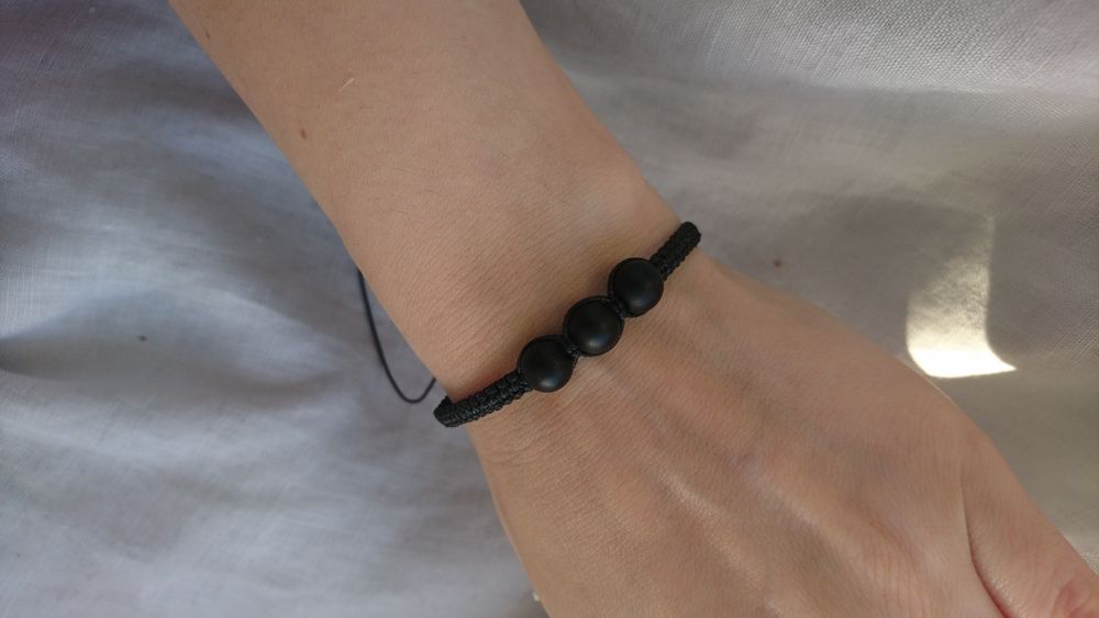 Bransoletka czarna sznurkowa pleciona makrama kamienie  czarny Onyks