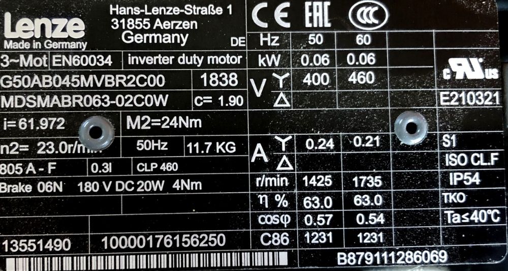 motoreduktor / przekładnia 0,06kW 23obr. 3fazowy HAMULEC Lenze