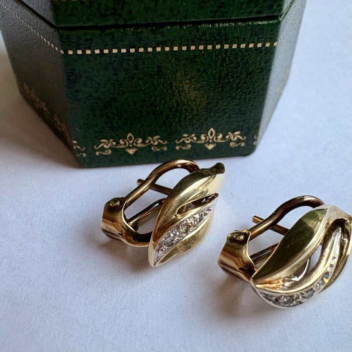 Retro kolczyki złoto 14 k diamenty 0.06 ct 4.39 g certyfikat