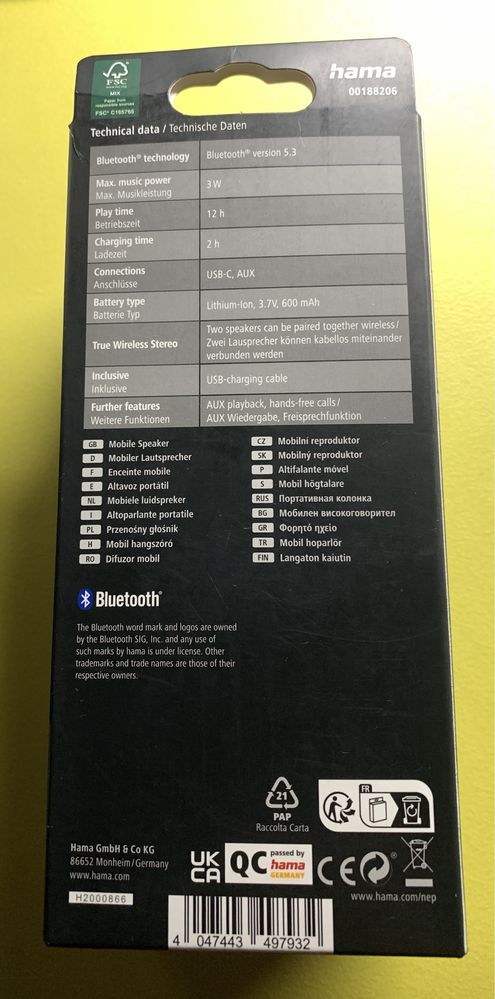 Nowy. Głośnik bezprzewodowy, przenośny bluetooth Hama Tube 3.0 czarny