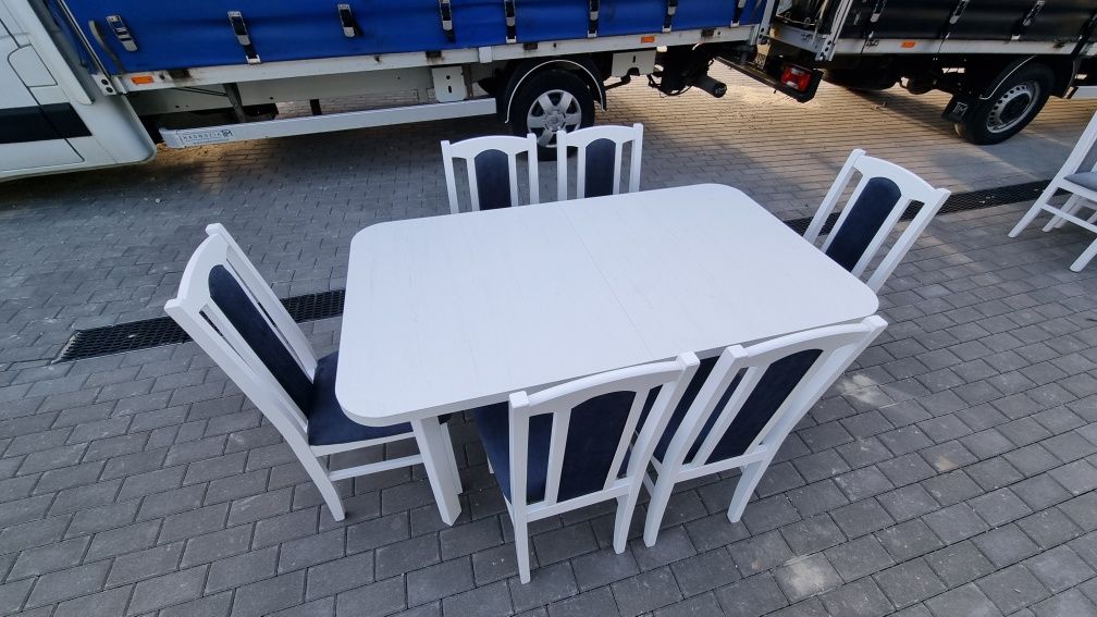 Stół 80x140/180 + 6 krzeseł, biały+metaliczny granatowy, dostawa PL