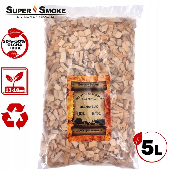 Zrębki Wędzarnicze Super Smoke OLCHA+BUK KL-13 (12-18mm) XL 5 Litrów