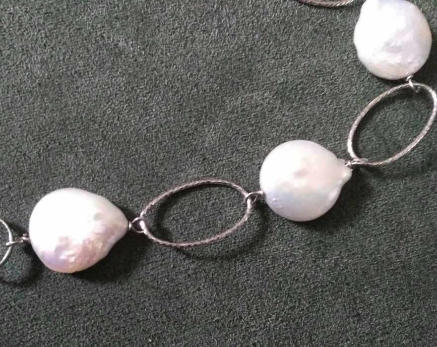 Conjunto Colar e Pulseira de Prata c/ Contraste e Perolas Agua Doce