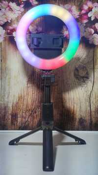 Селфі палиця, монопод з кільцевою RGB  лампою 16см, трипод з bluetooth