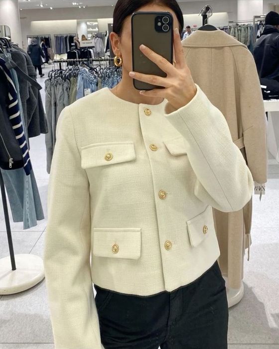 Блейзер Zara піджак пальто твідовий молочний S