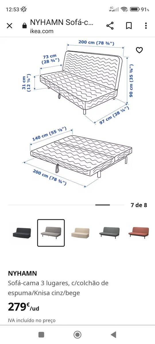 Sofá cama 3 lugares ikea