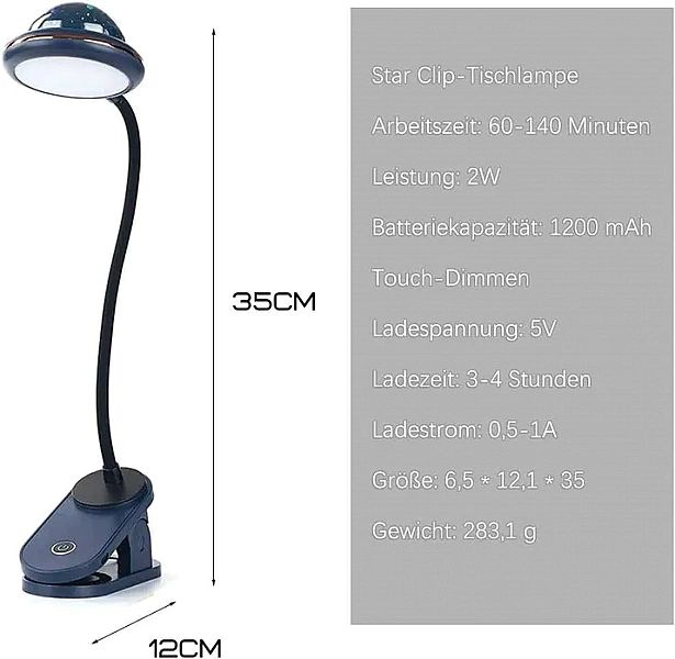 Lampa nocna LED zaciskowa do czytania dla dzieci z projekcją gwiazdy