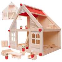 Drewniany domek dla lalek + mebelki i ludziki 40cm