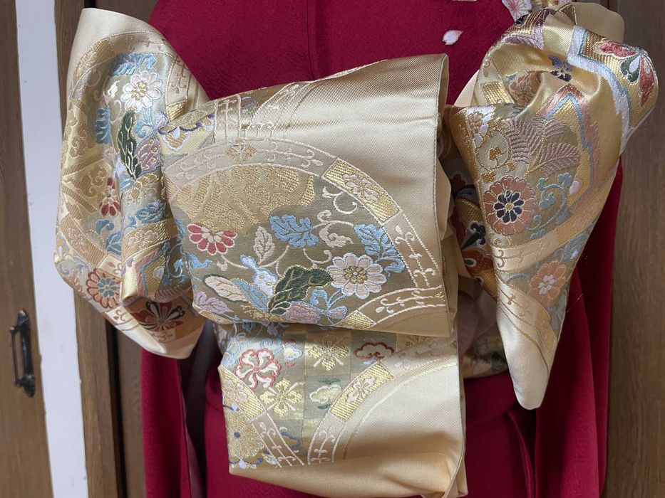 Japońskie kimono furisode + pas obi + sznur obijime + torebka