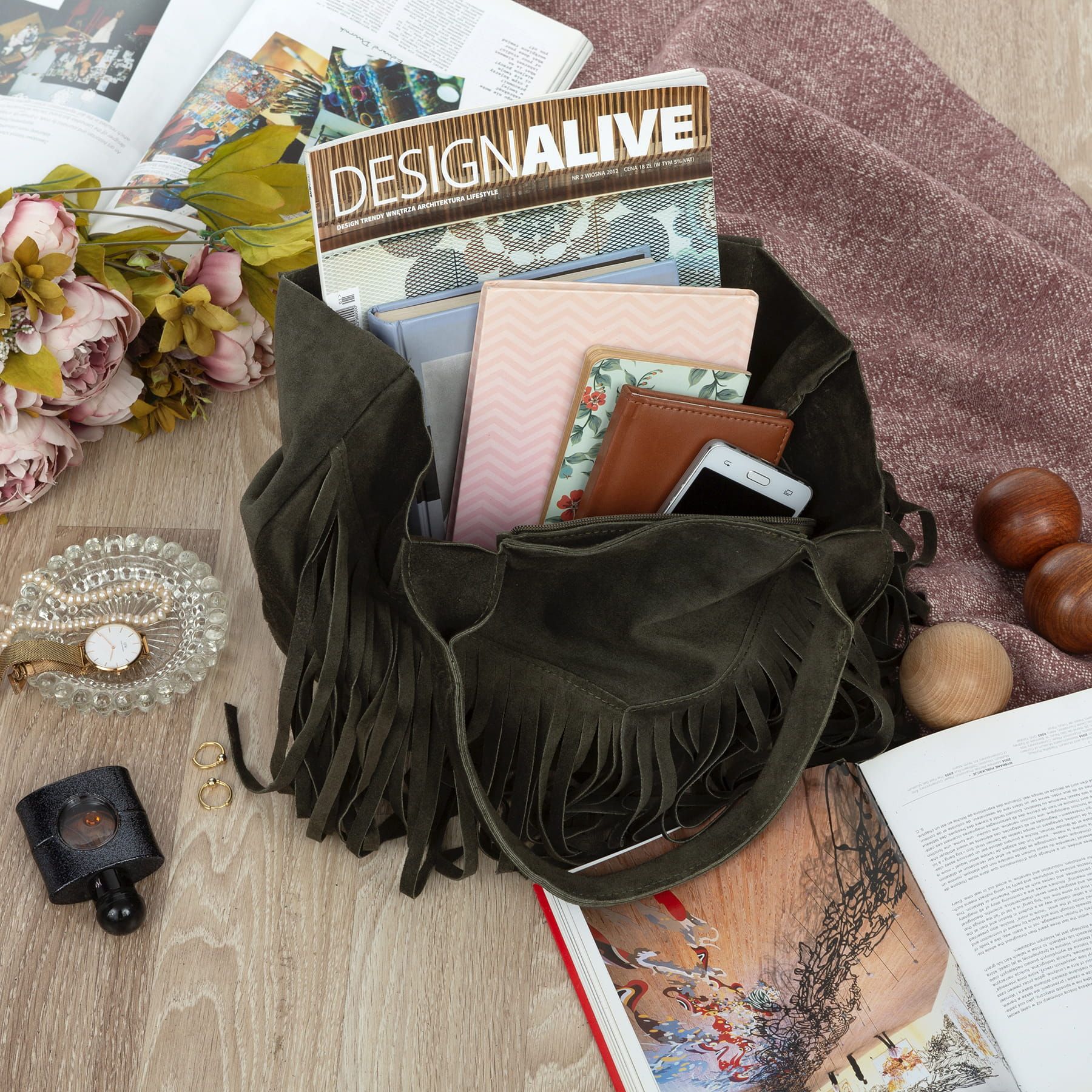 VERA PELLE torebka zamszowa shopper boho z frędzlami V650 khaki