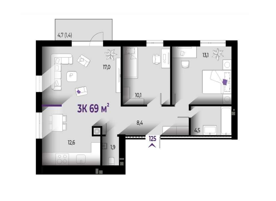 3к квартира з продуманим плануванням у малоповерховому закритому ЖК
