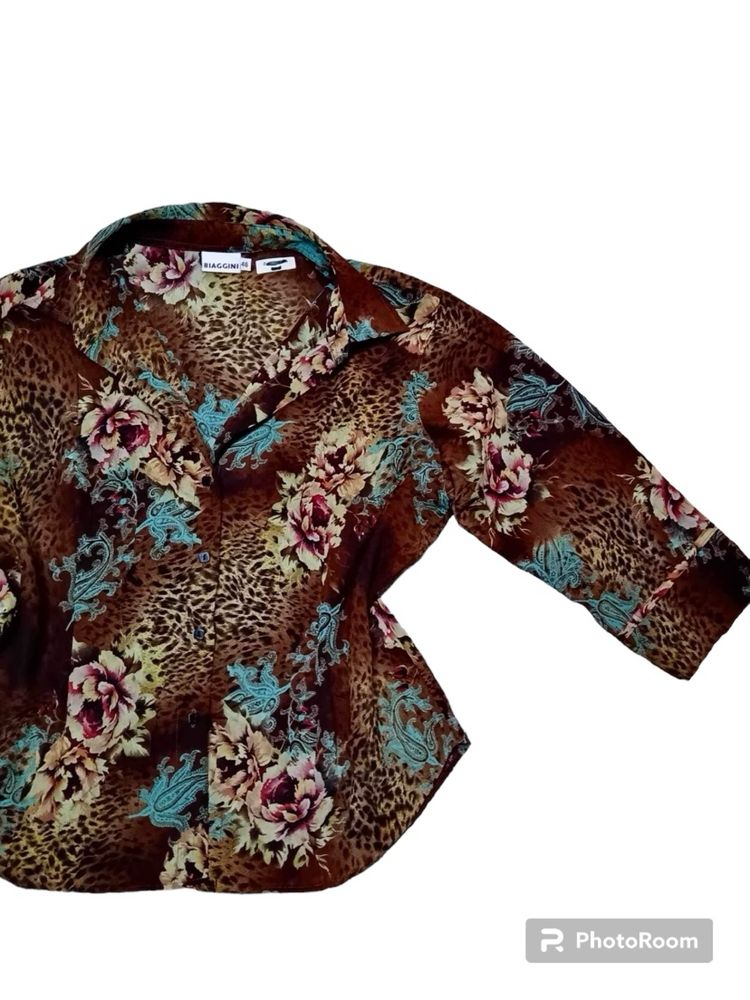 Brązowa koszula w kwiaty biaggini 3XL 46 oversize vintage babcina