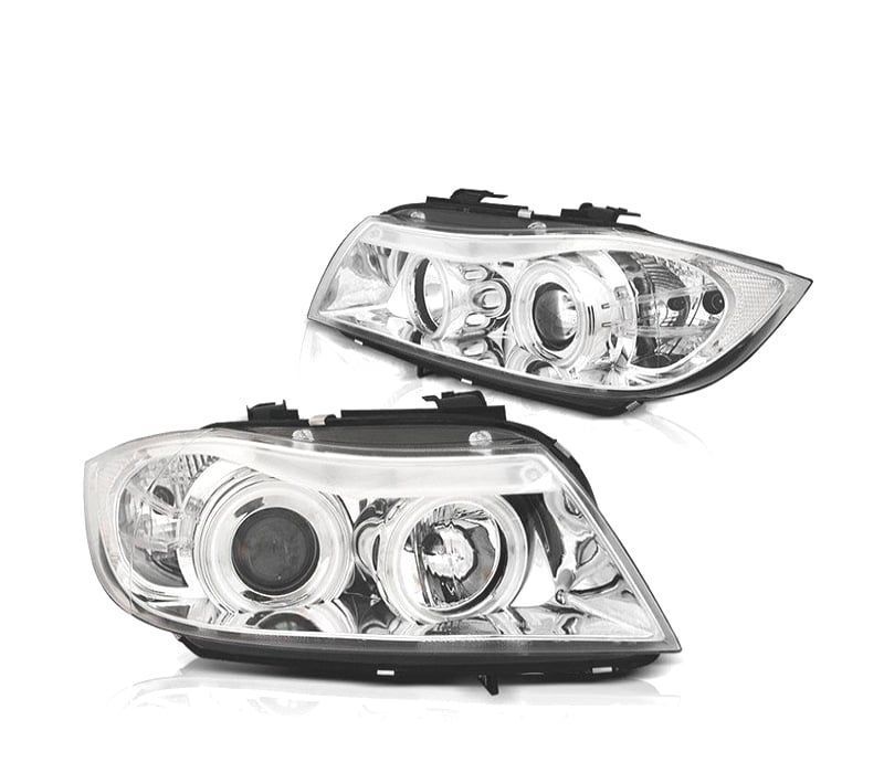 FARÓIS BMW E90 91 05-08 ANGEL EYES CCFL FUNDO CROMADO