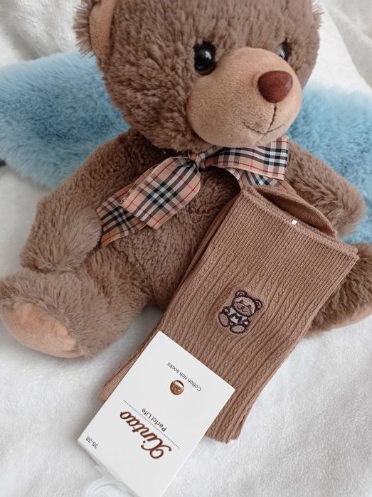 Skarpety damskie jasno brązowe bawełniane z misiem nowe 35-38