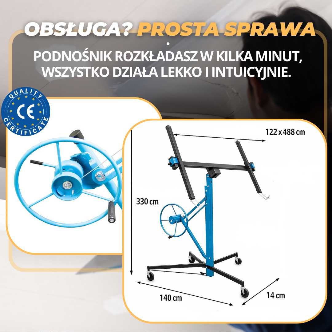 podnośnik do płyt gipsowych GK i OSB sufitów 330 cm udźwig do 68 kg