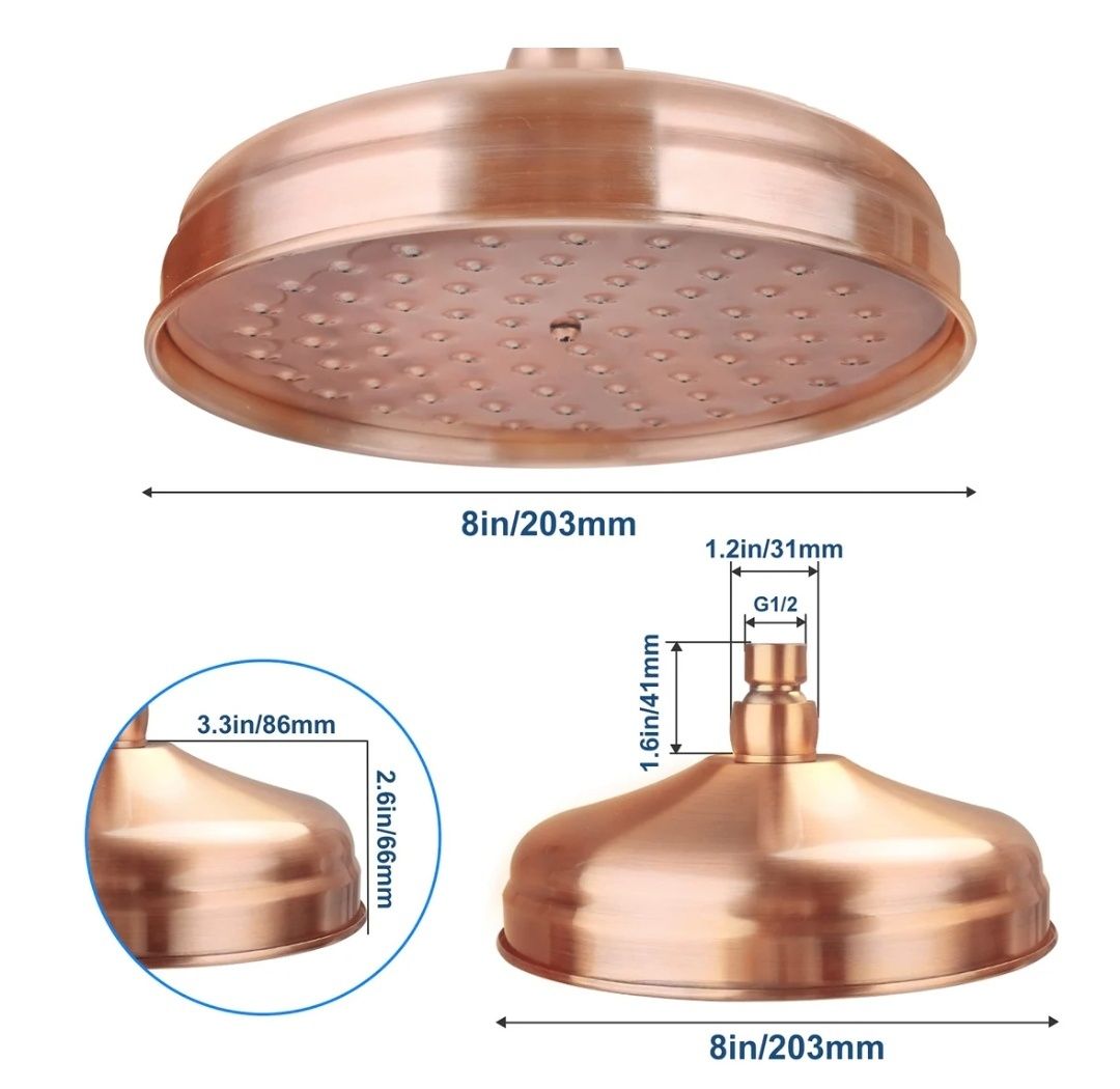 Głowica prysznicowa wykonana z miedzi, deszczownica FUYIOCN 8-calowa g