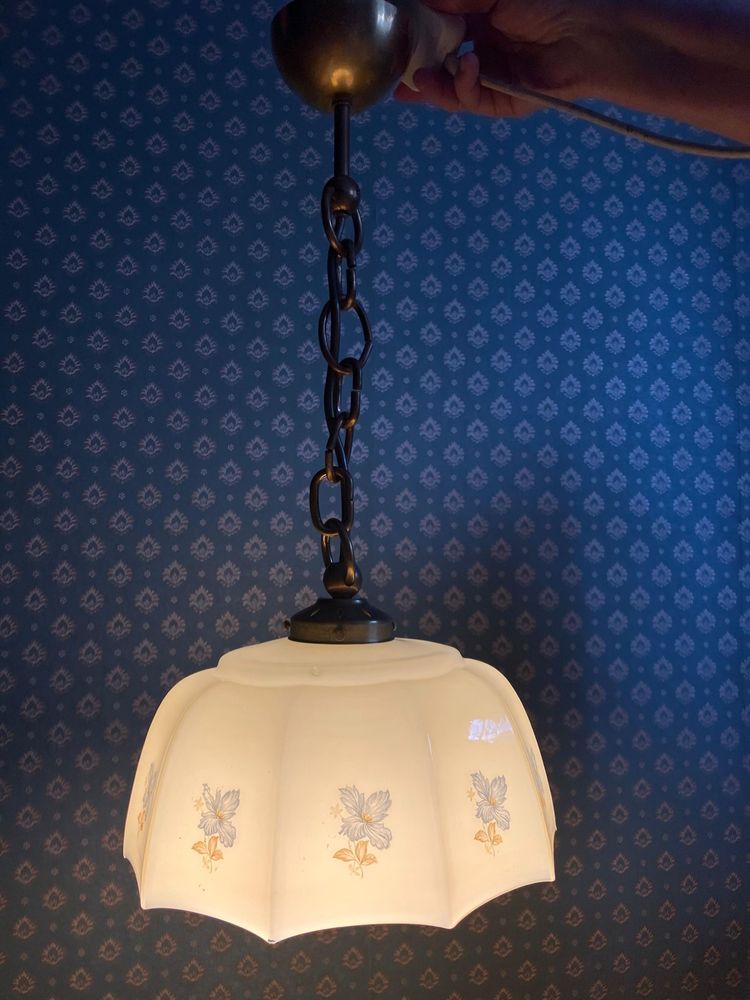 Stara lampa art deco wisząca kuchenna żyrandol kremowa zwis mosiężna