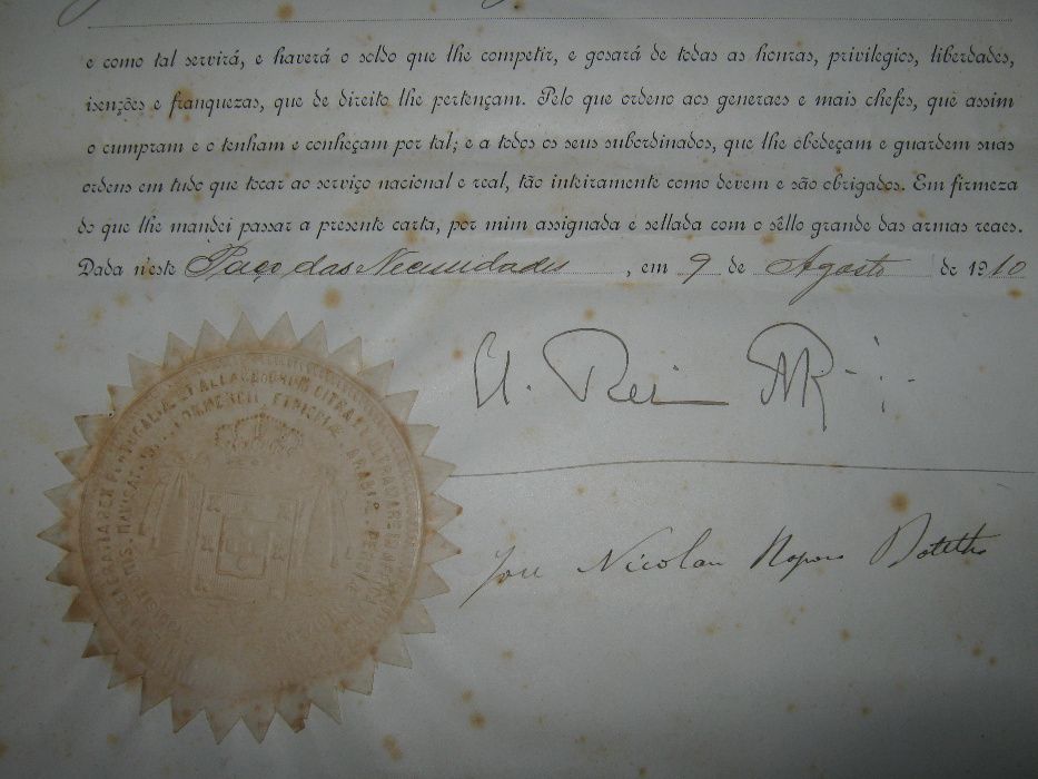 Documento de 1910 com carimbo real e assinado pelo Rei Dom Manuel ll