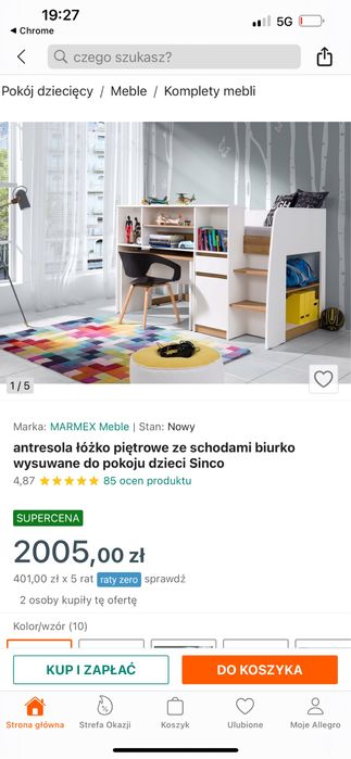 łóżko piętrowe Sinco z biurkiem, bez materaca