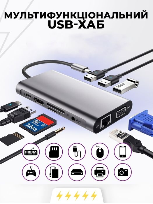 USB hub Type C хаб кардридер перехідник для макбука адаптер 10 в 1