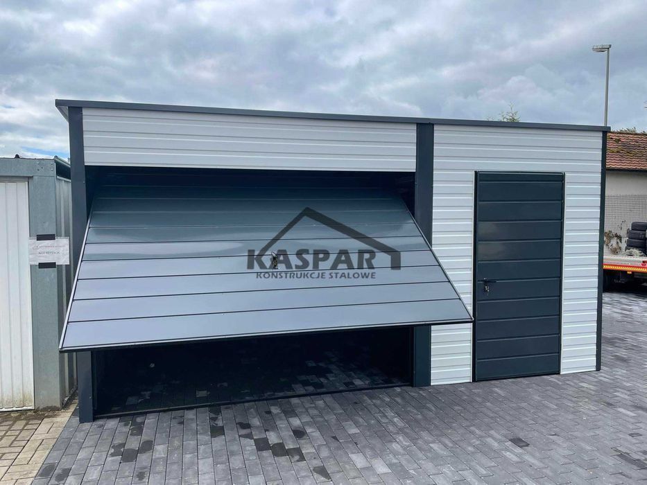 Garaż blaszany 5x6 Brama uchylna x2 + drzwix2 biały spad w tył  GP121