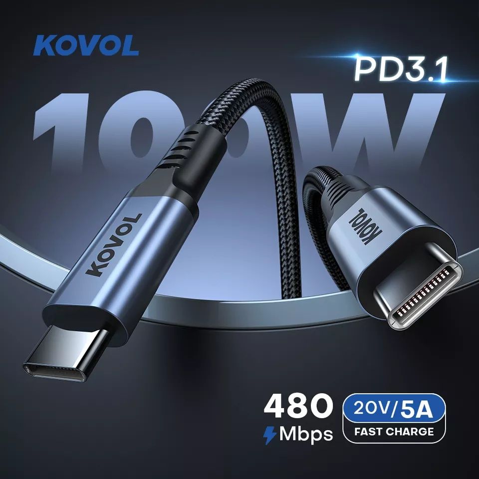 Кабель для зарядки,передачи данных KOVOL USB-C/USB-C 100W, 5A, 2m, нов