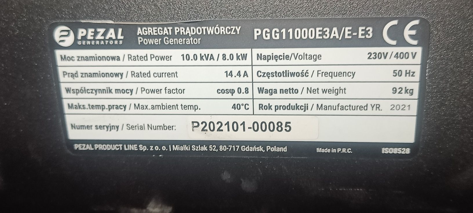 Agregat Prądotwórczy PEZAL PGG11000E3A/E-E3 8kW