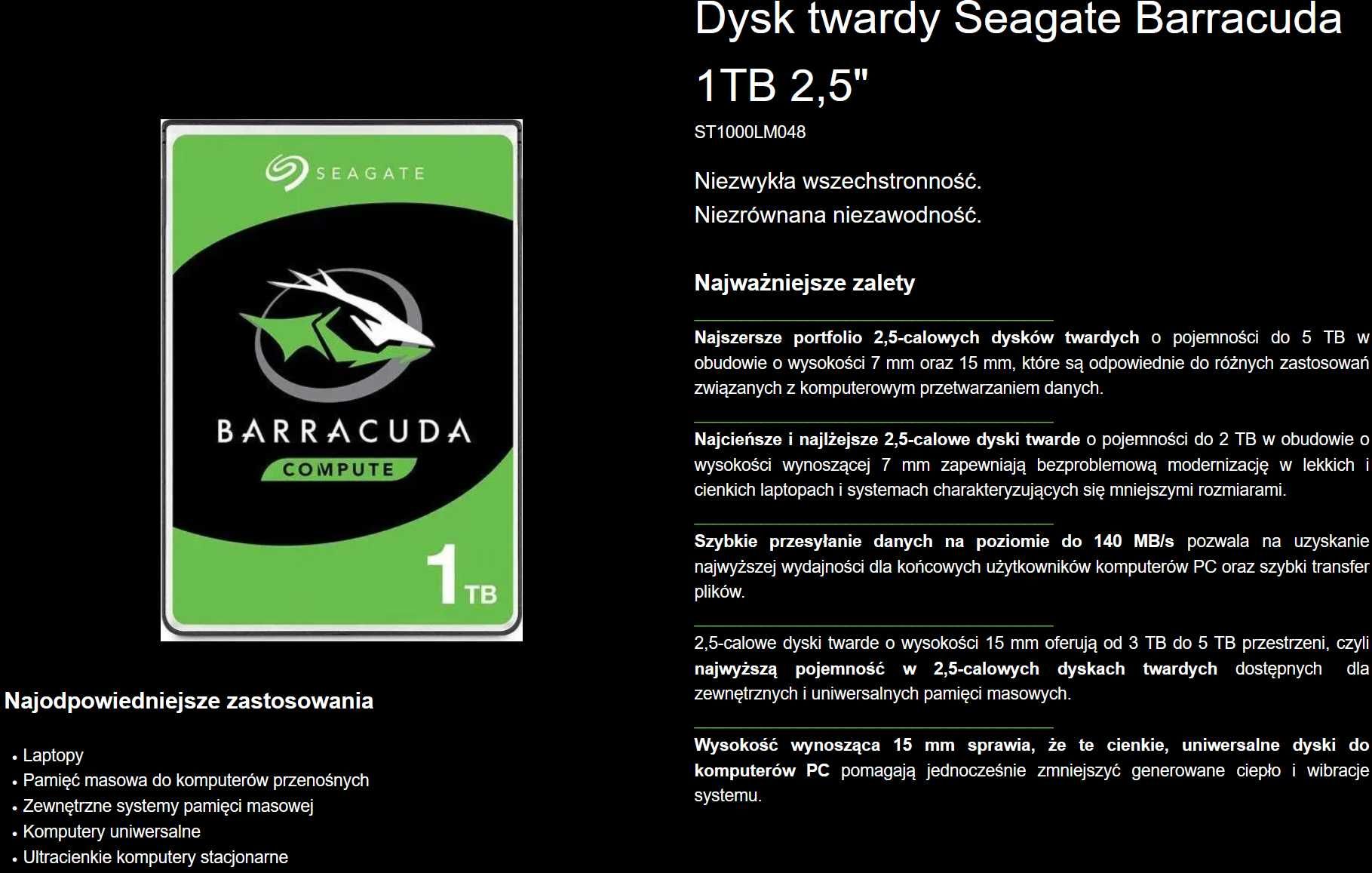 1000GB 2,5" Dysk do laptopa pc SATA3 III Seagate BarraCuda ST1000LM048