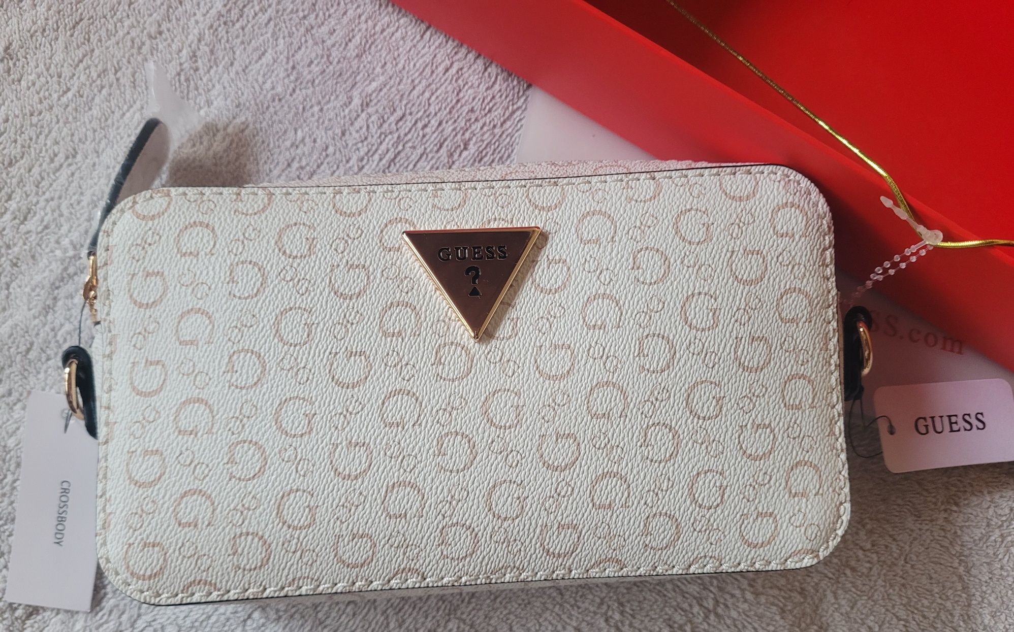 Guess La Rosa Mini torebka crossbody camera bag biala brazowa