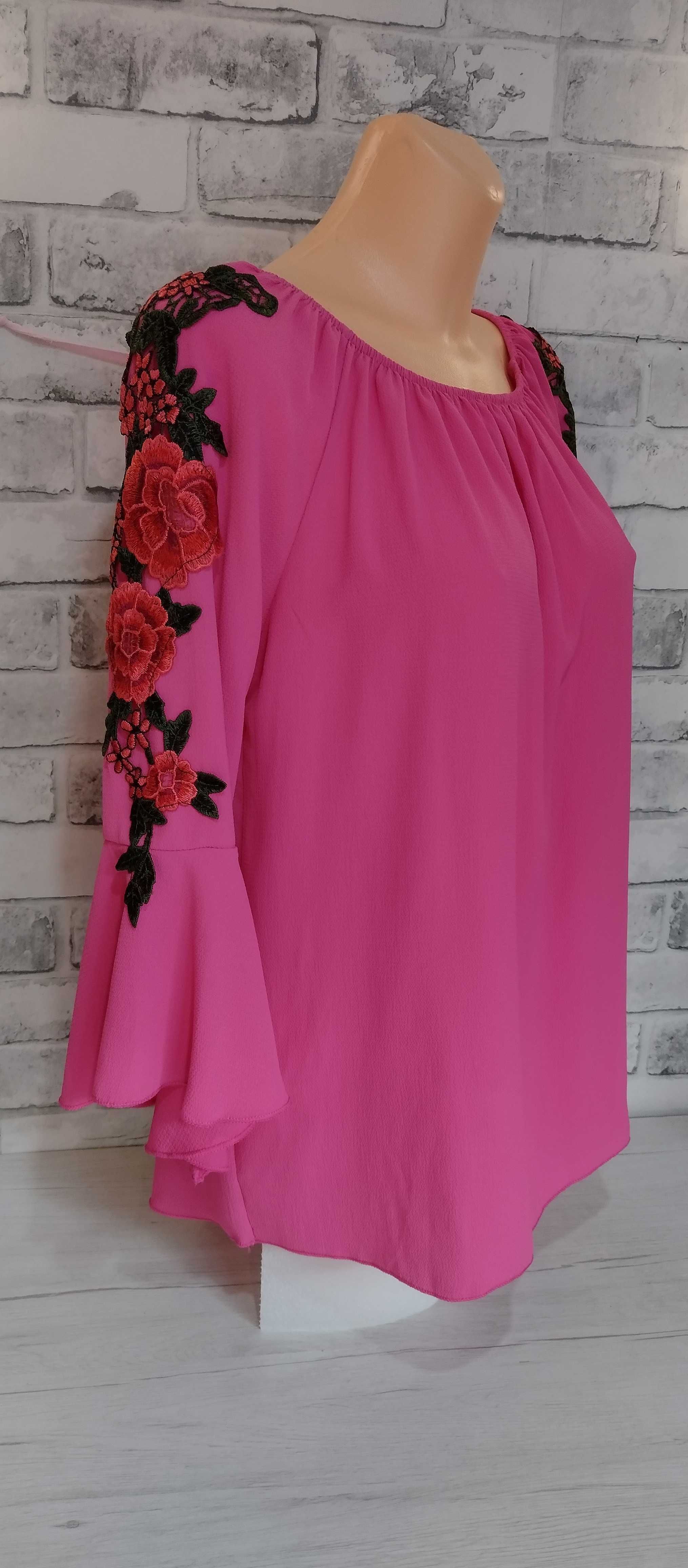 różowa zwiewna tunika bluzka bluzeczka rękaw 3/4 dzwon oversize S-XL