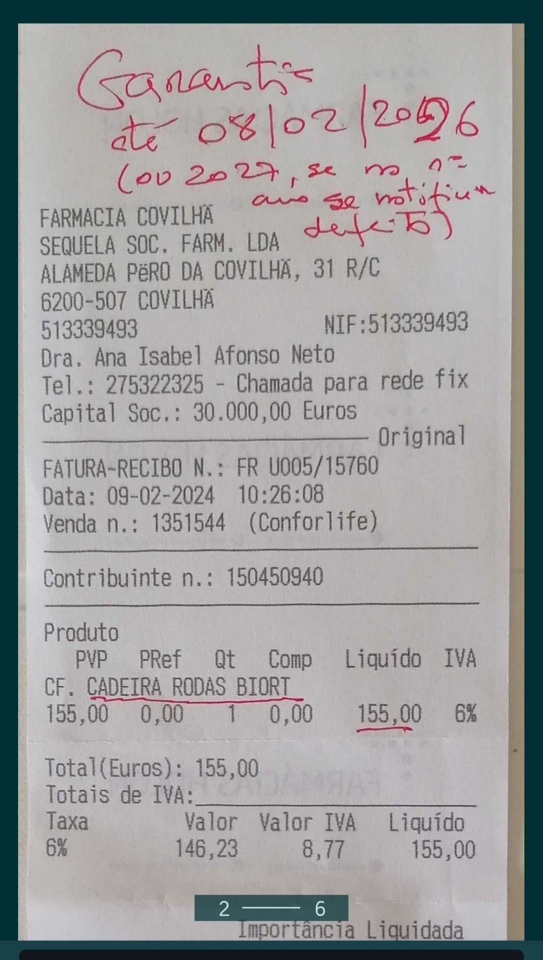 Cadeira de Rodas BIORT comprada em 09/02/2024 por 155€, vendo por 130€