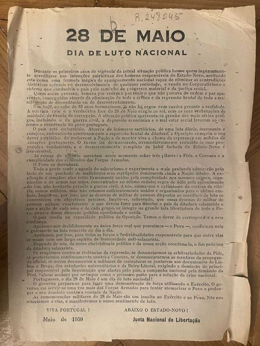 Panfleto 28 de Maio Dia de Luto Nacional: Maio 1959 - JNL