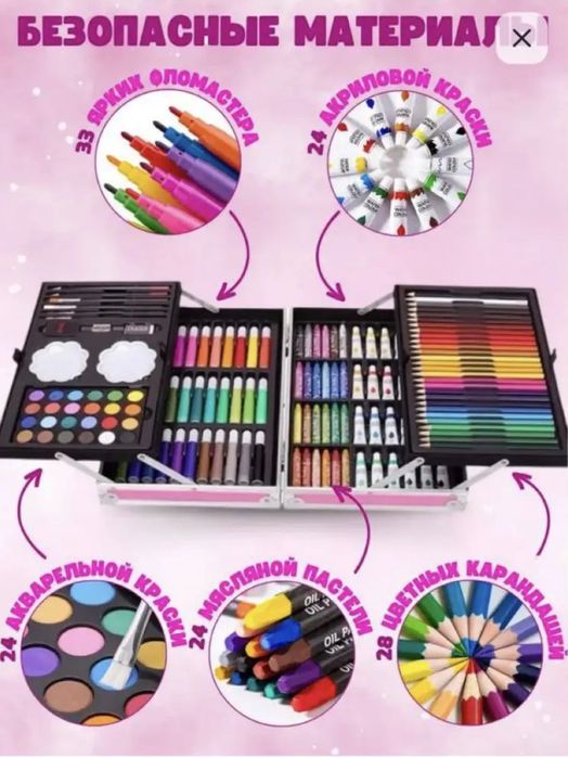 Детский набор для рисования в чемодане 145 предметов Единорог розовый