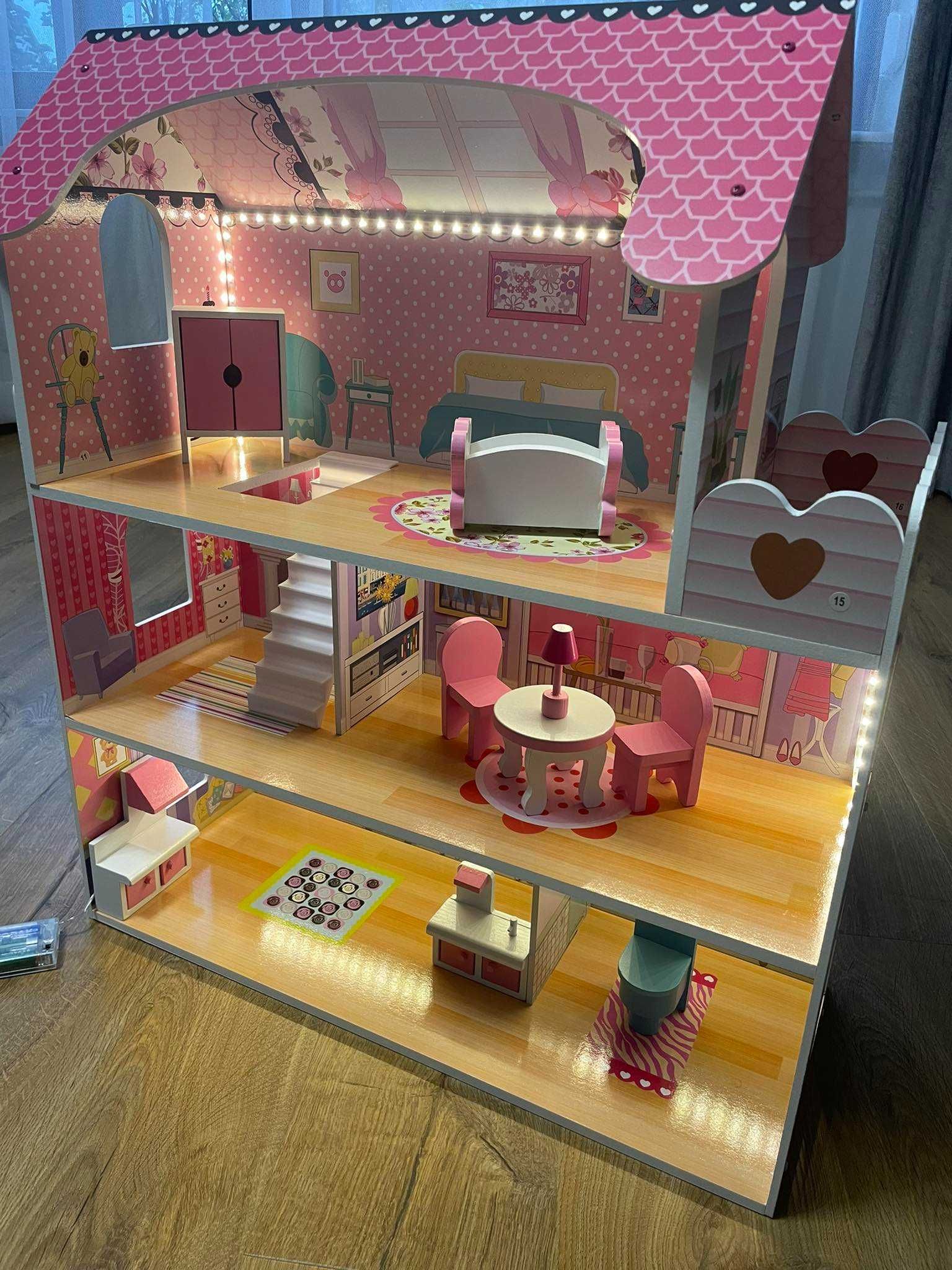 DREWNIANY DUŻY Domek dla lalek + mebelki oświetlenie LED różowy 70 cm