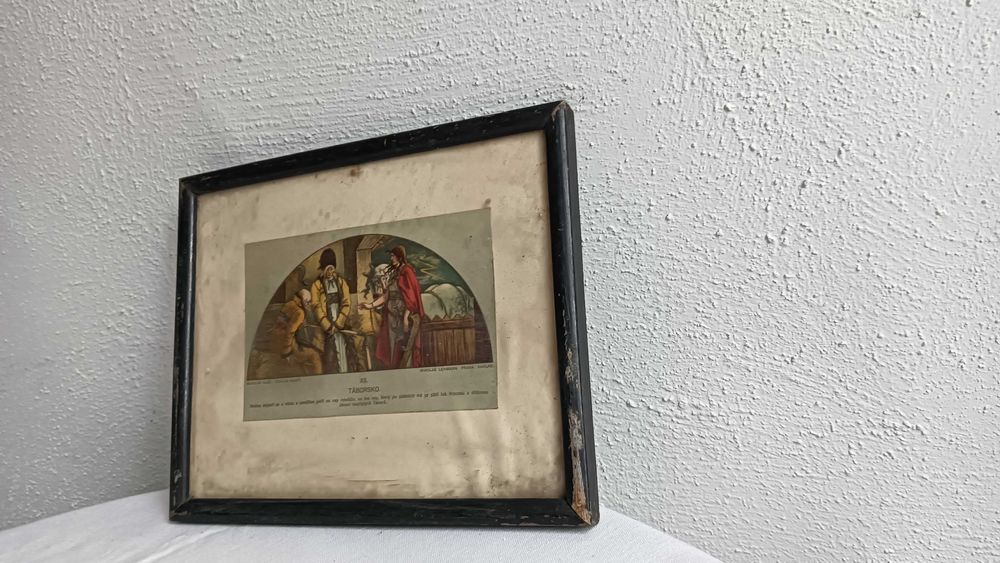 Stary obrazek w ramce drewnianej+ szkło