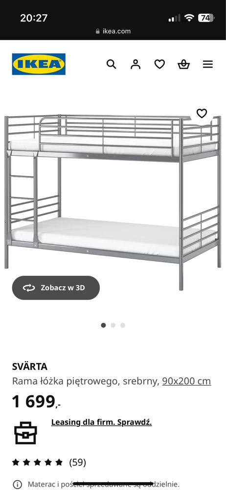Lóżko piętrowe Ikea SVARTA