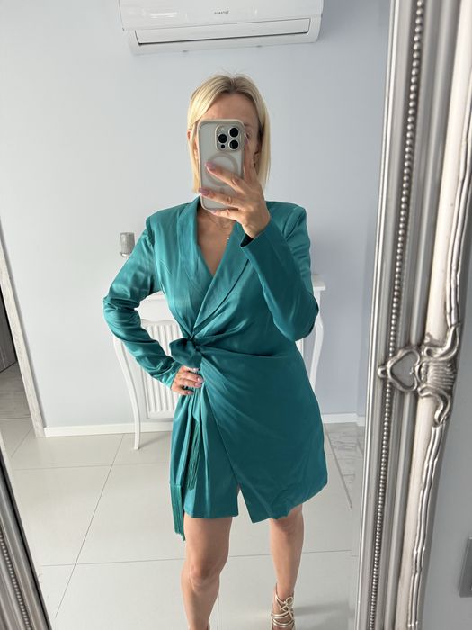 Satynowa, wieczorowa sukienka koperowa S Marynarkowa