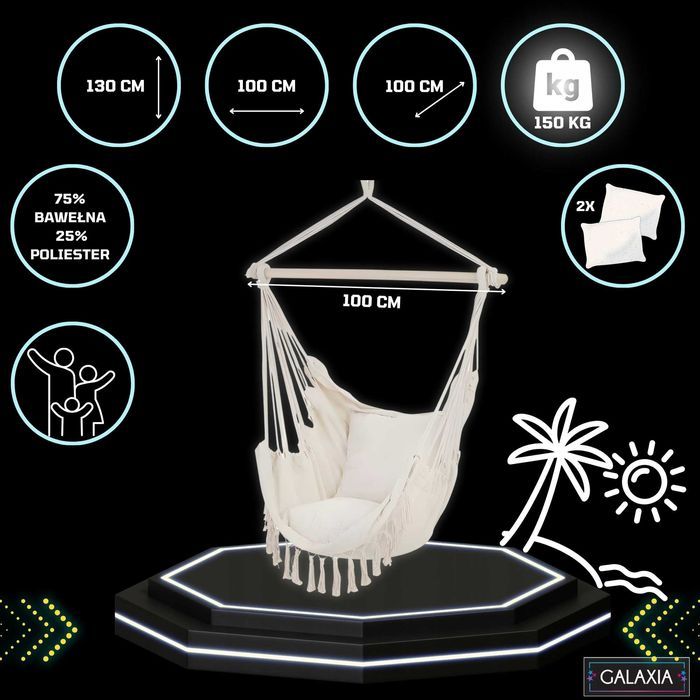 KRZESŁO BRAZYLIJSKIE Fotel Wiszący Huśtawka Hamak Ogrodowy Balkon BOHO