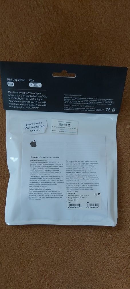 Adapter Mini Displayport na VGA nowy oryginalny Apple MB572Z/A