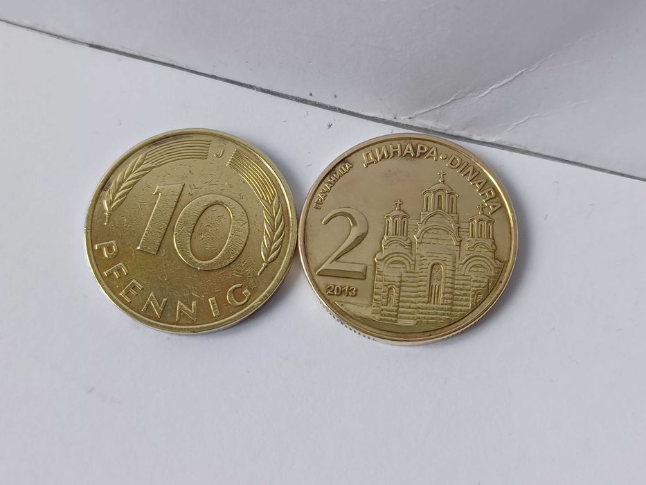 10 pfennig Німеччина 1984 рік. 2 dinara Сербія 2013 рік