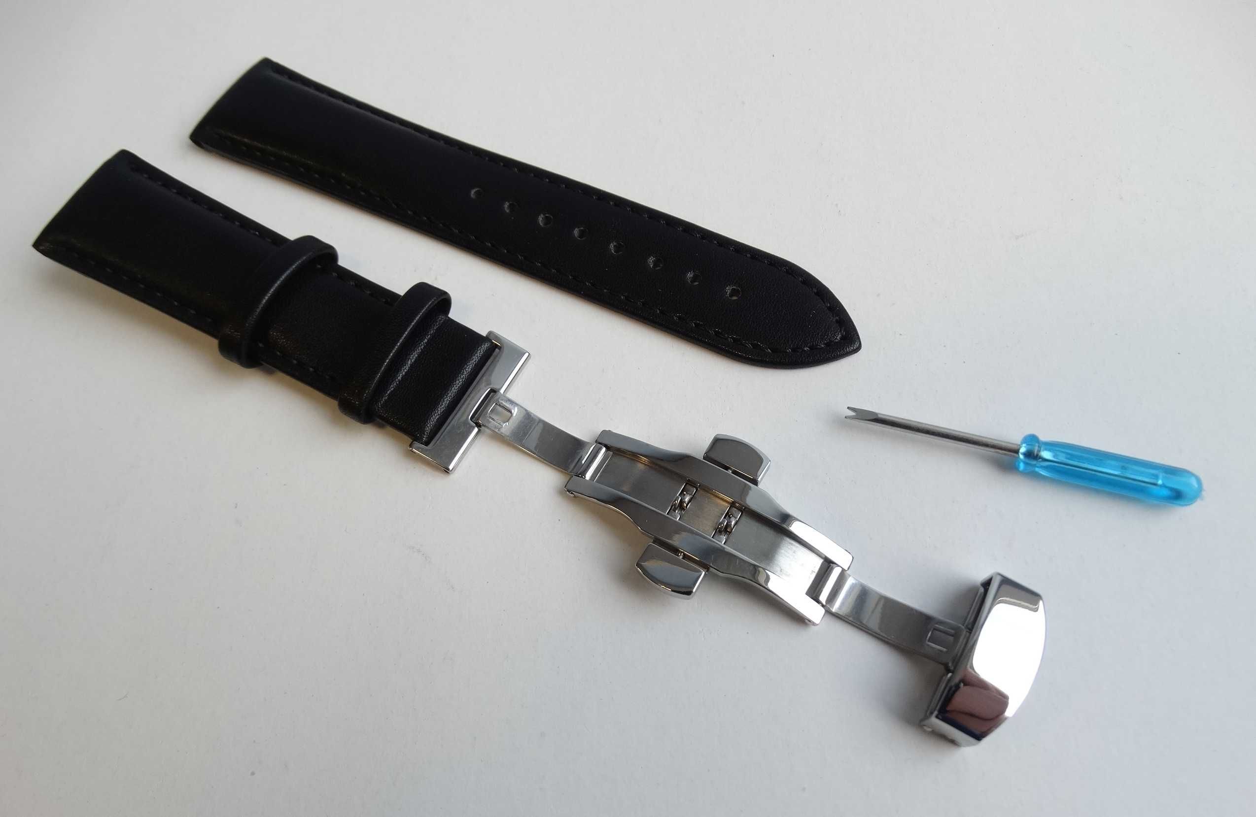 Skórzany pasek 22mm do zegarka czarny gładki klamra zapięcie motylkowe
