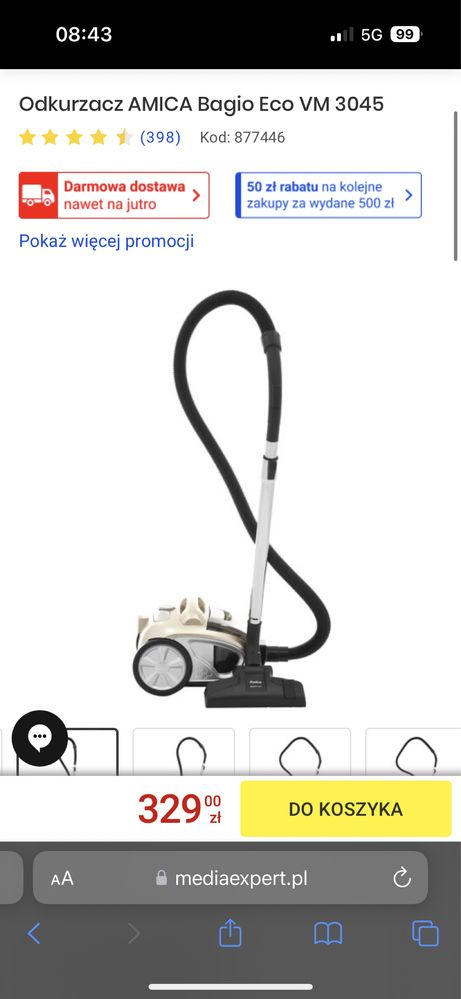 odkurzacz amica bagio eco bezworkowy 900w 100% sprawny
