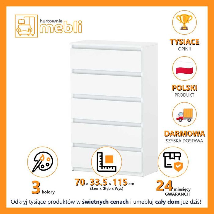 Komoda Wysoka Nowoczesna Hugo 5 Szuflad Szafka 70cm Do Salonu Sypialni