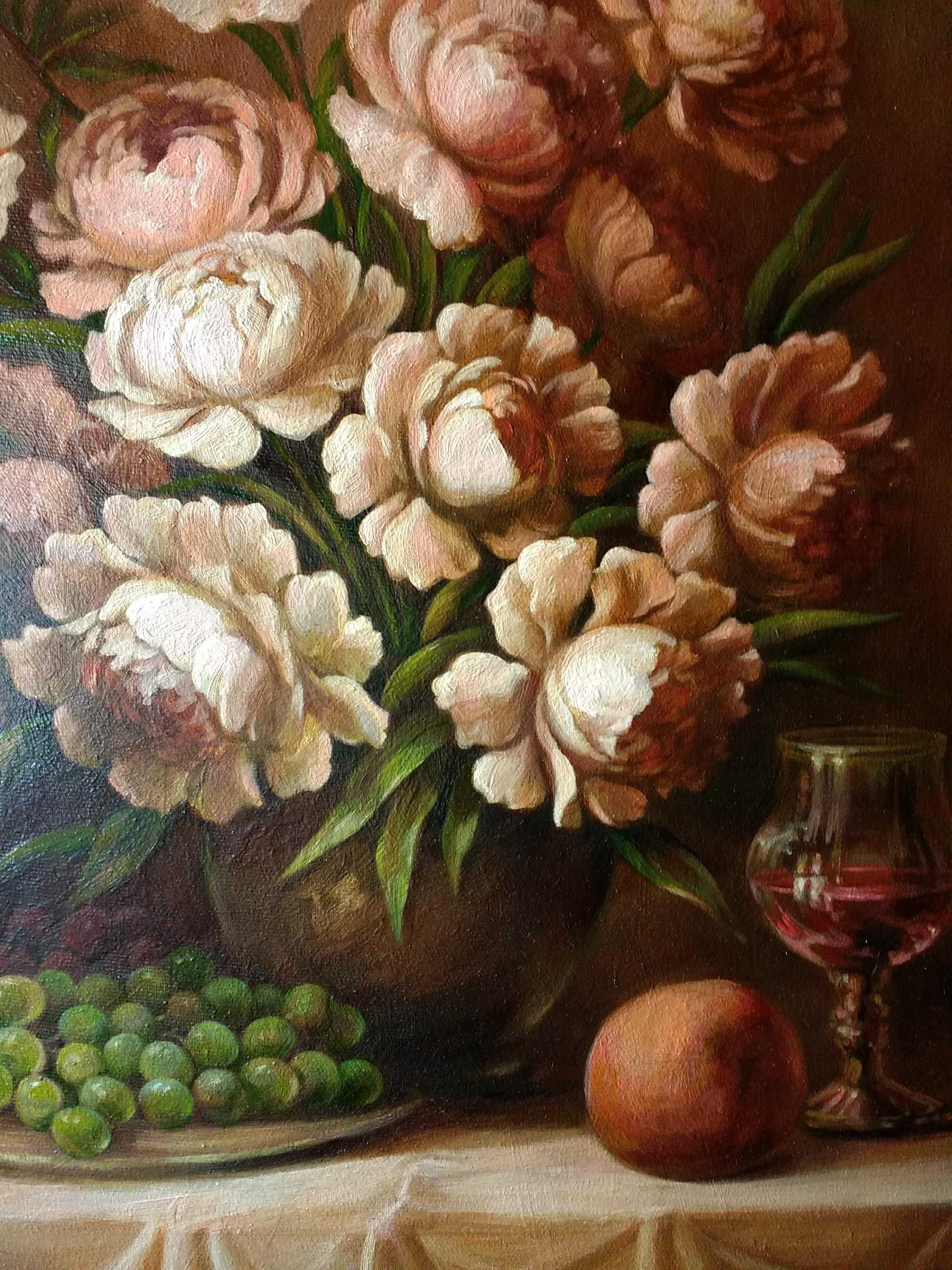 Картина маслом "Белые пионы и виноград"