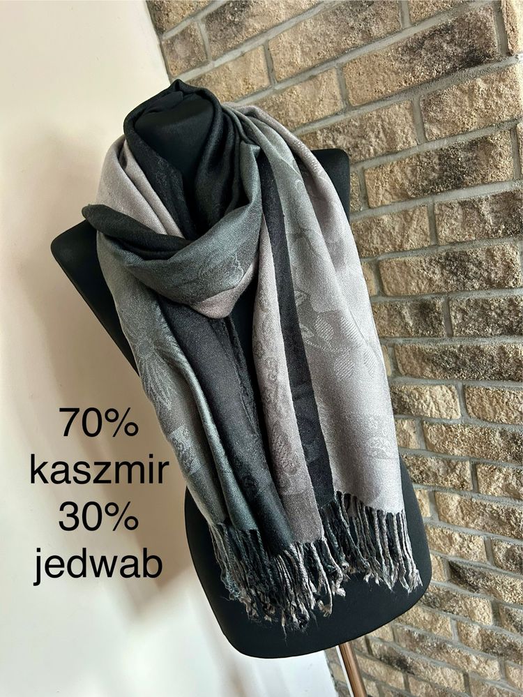 Czarny szary kaszmirowy szal z jedwabiem