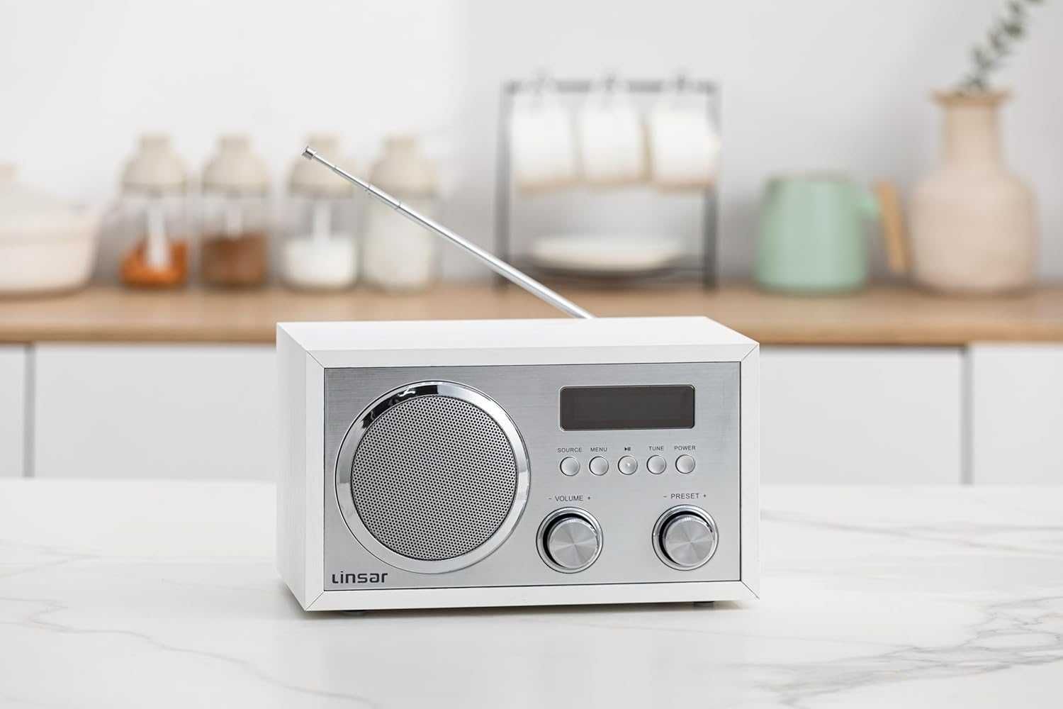 Radio FM DAB z Bluetooth Aux USB bateryjne zasilacz białe drewno