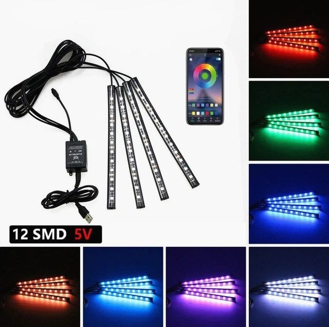 Oświetlenie wnętrza samochodu listwy ledowe 4x12 led + bluetooth apk