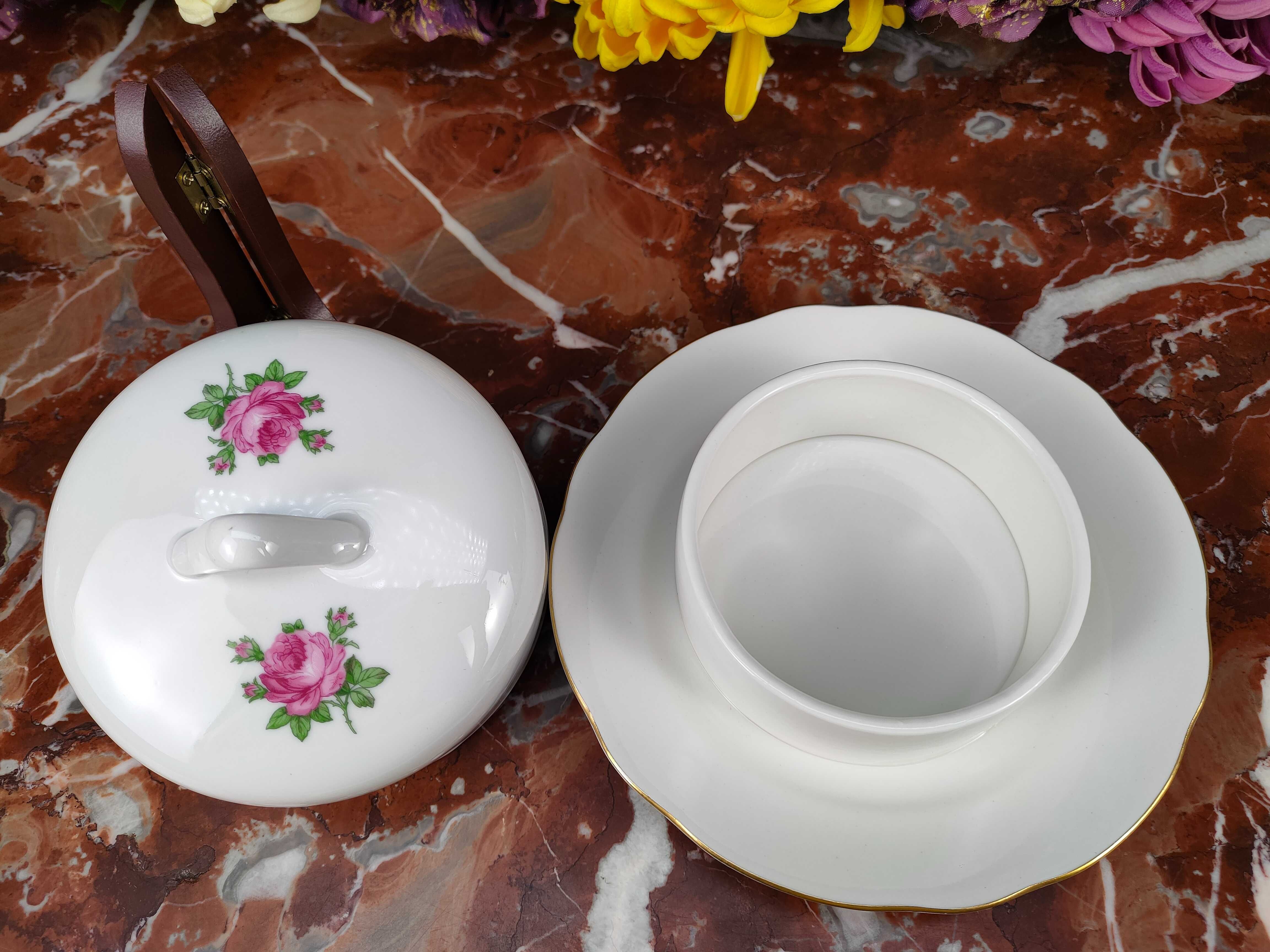 Ładna okrągła porcelanowa maselniczka - Różowe róże - Kahla #1