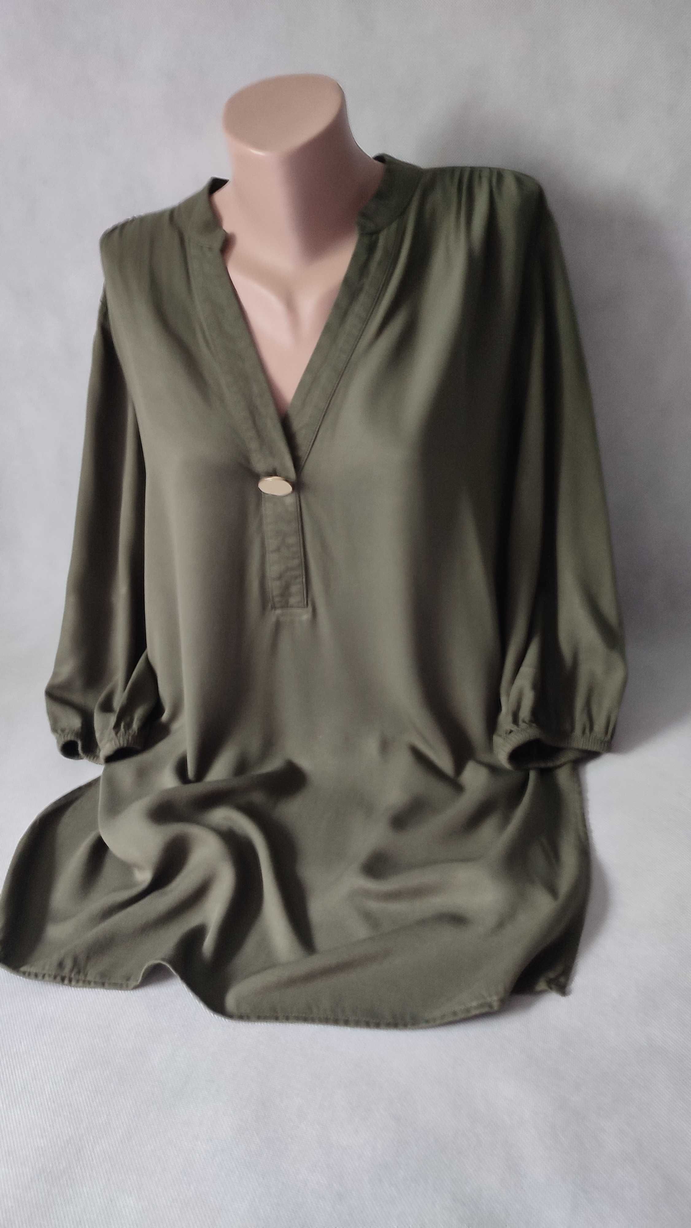 Bluzka damska khaki plus size tunika z rękawem 3/4 dekolt V rozmiar 42