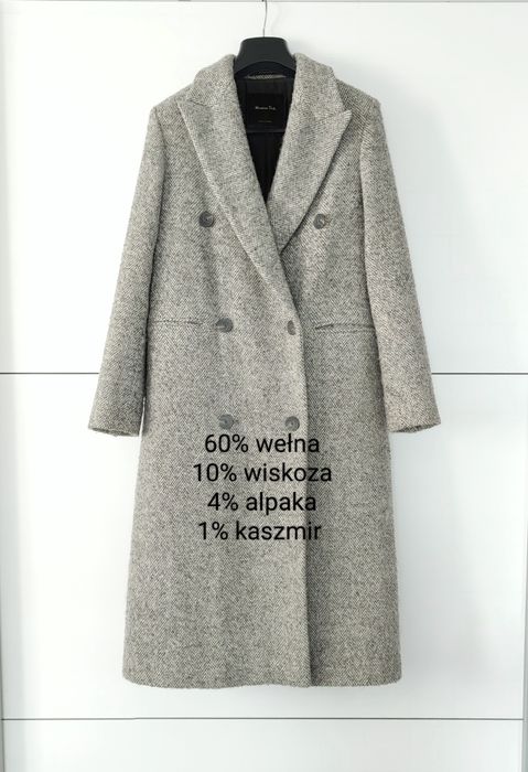 Płaszcz Massimo dutti 36 S szary melanżowy w jodełkę wełniany midi